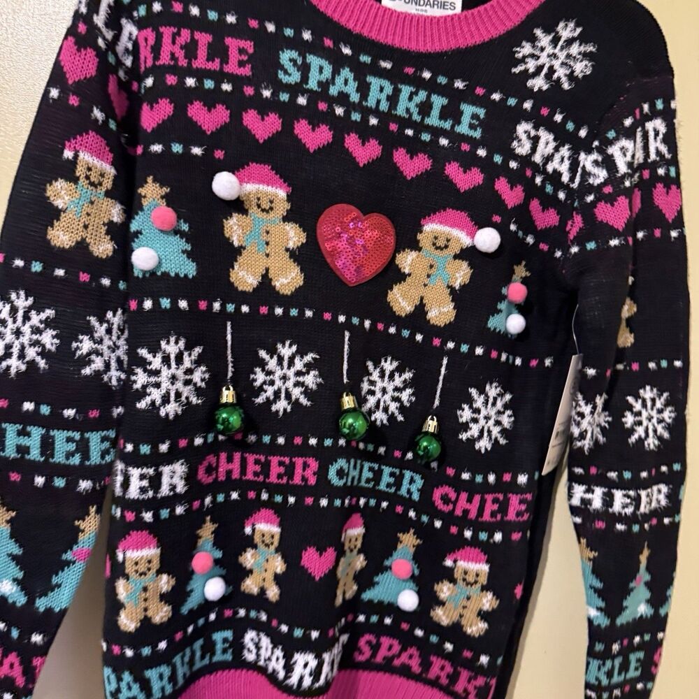 No Boundaries XS (0-2) Girls Christmas Sweater Cheer Sparkle Gingerbread